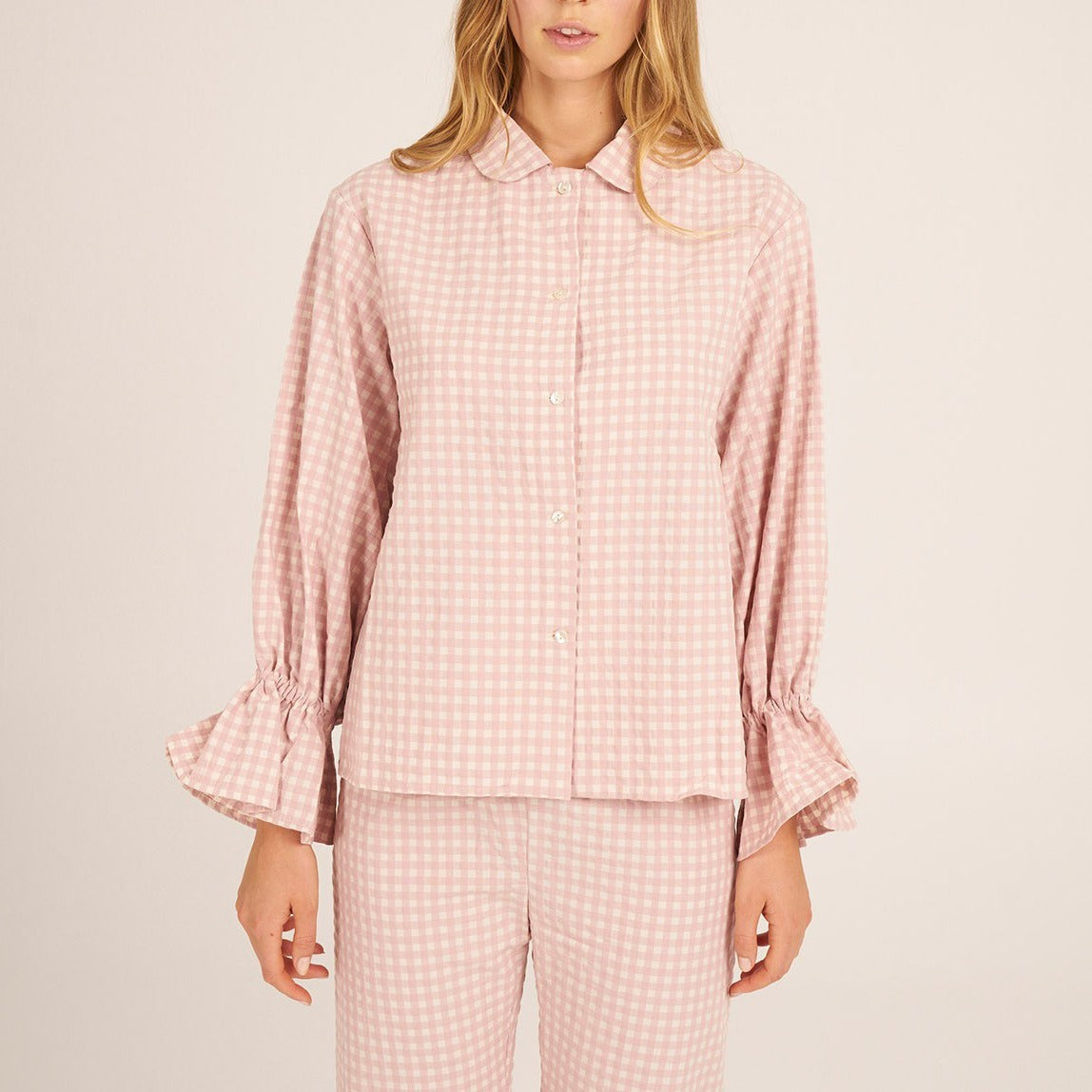 Kongvia Women’s Gingham Pajama Set Long Sleeve Ruffle Sleepwear