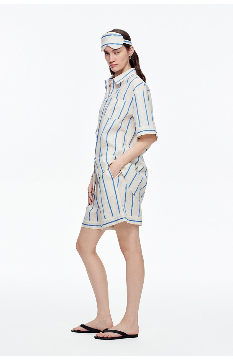 Kongvia Women’s Cotton Stripe Pajama Set Short Sleeve Lounge Wear