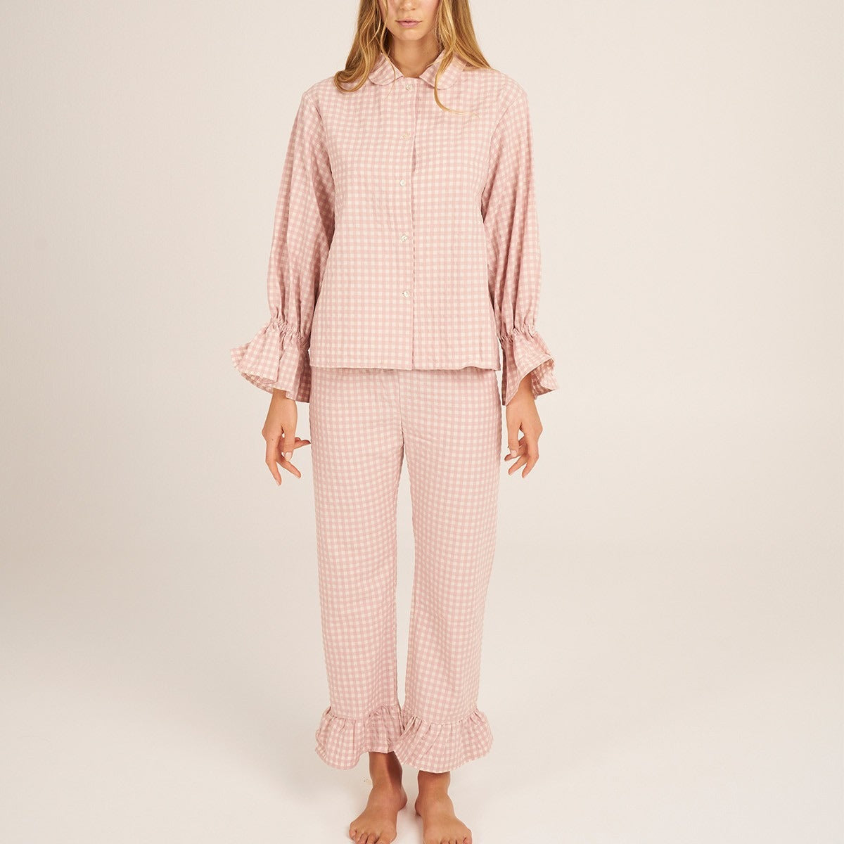 Kongvia Women’s Gingham Pajama Set Long Sleeve Ruffle Sleepwear