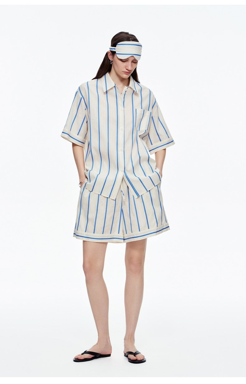 Kongvia Women’s Cotton Stripe Pajama Set Short Sleeve Lounge Wear