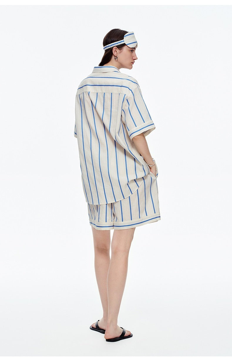 Kongvia Women’s Cotton Stripe Pajama Set Short Sleeve Lounge Wear