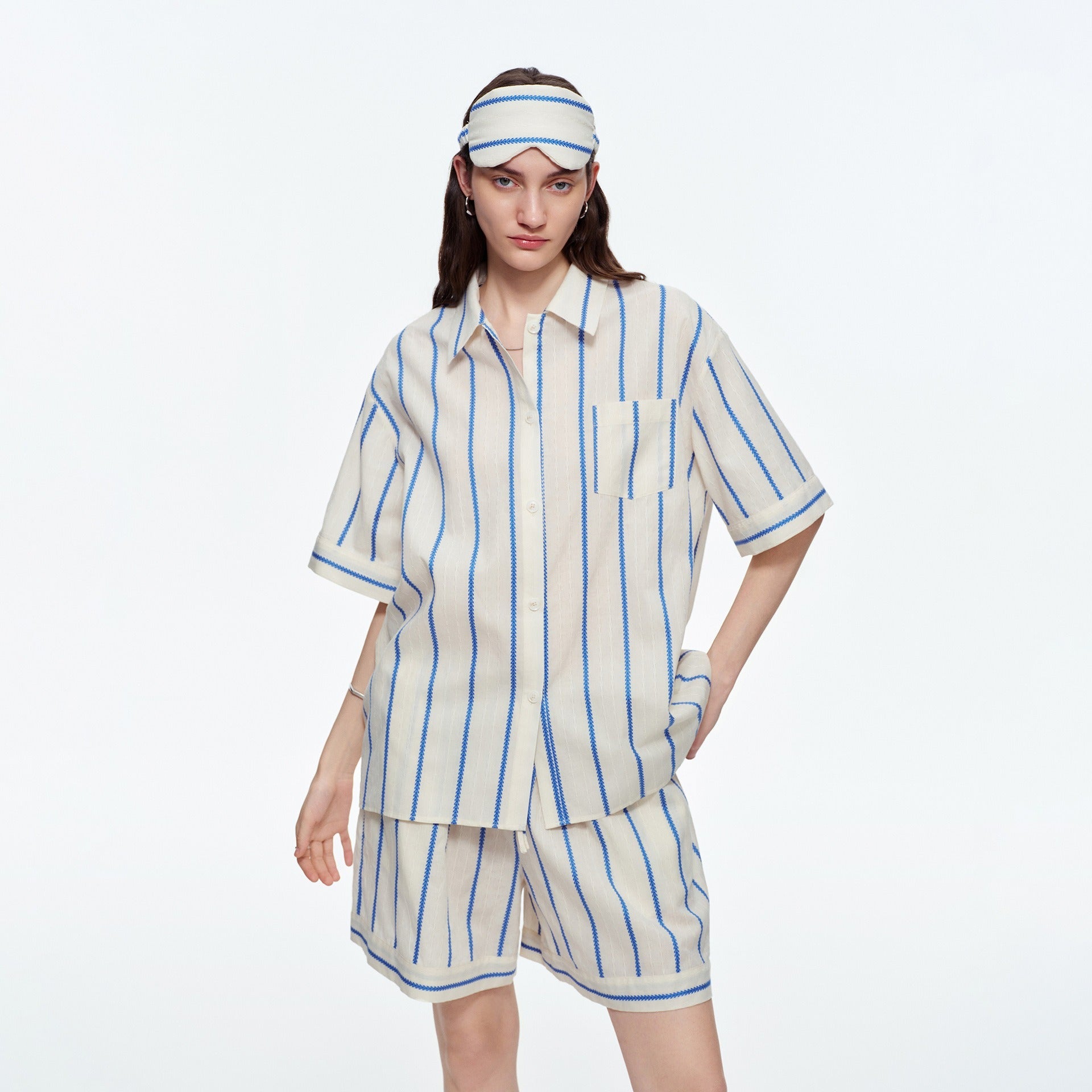 Kongvia Women’s Cotton Stripe Pajama Set Short Sleeve Lounge Wear