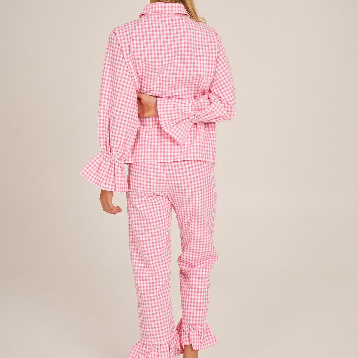 Kongvia Women’s Gingham Pajama Set Long Sleeve Ruffle Sleepwear