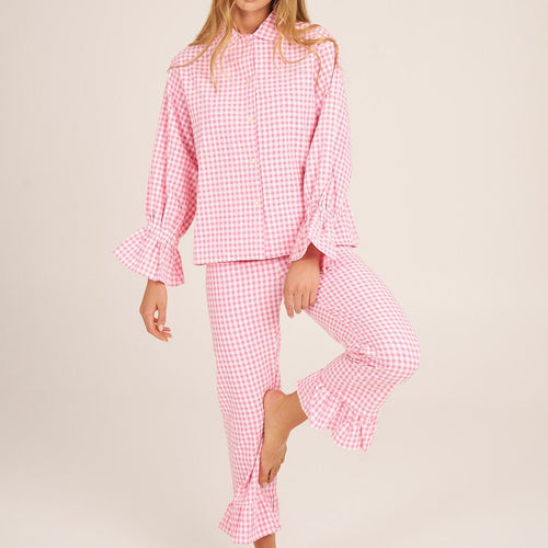 Kongvia Women's Long Sleeve Gingham Ruffle Pajama Set