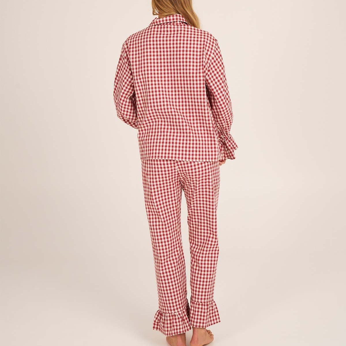 Kongvia Women’s Gingham Pajama Set Long Sleeve Ruffle Sleepwear
