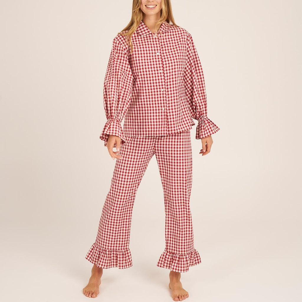 Kongvia Women’s Gingham Pajama Set Long Sleeve Ruffle Sleepwear