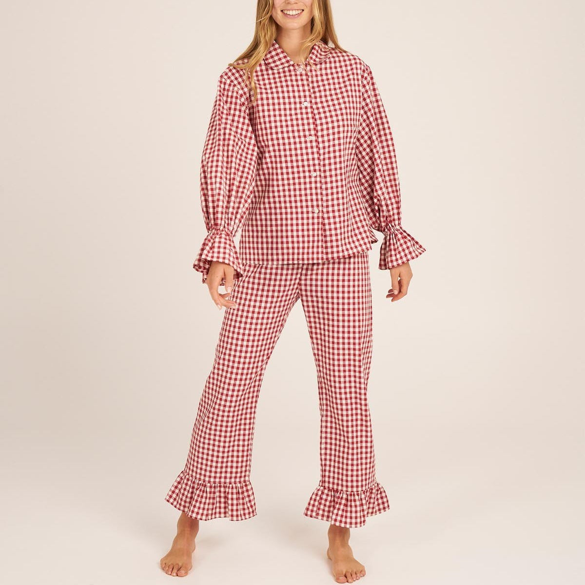Kongvia Women’s Gingham Pajama Set Long Sleeve Ruffle Sleepwear