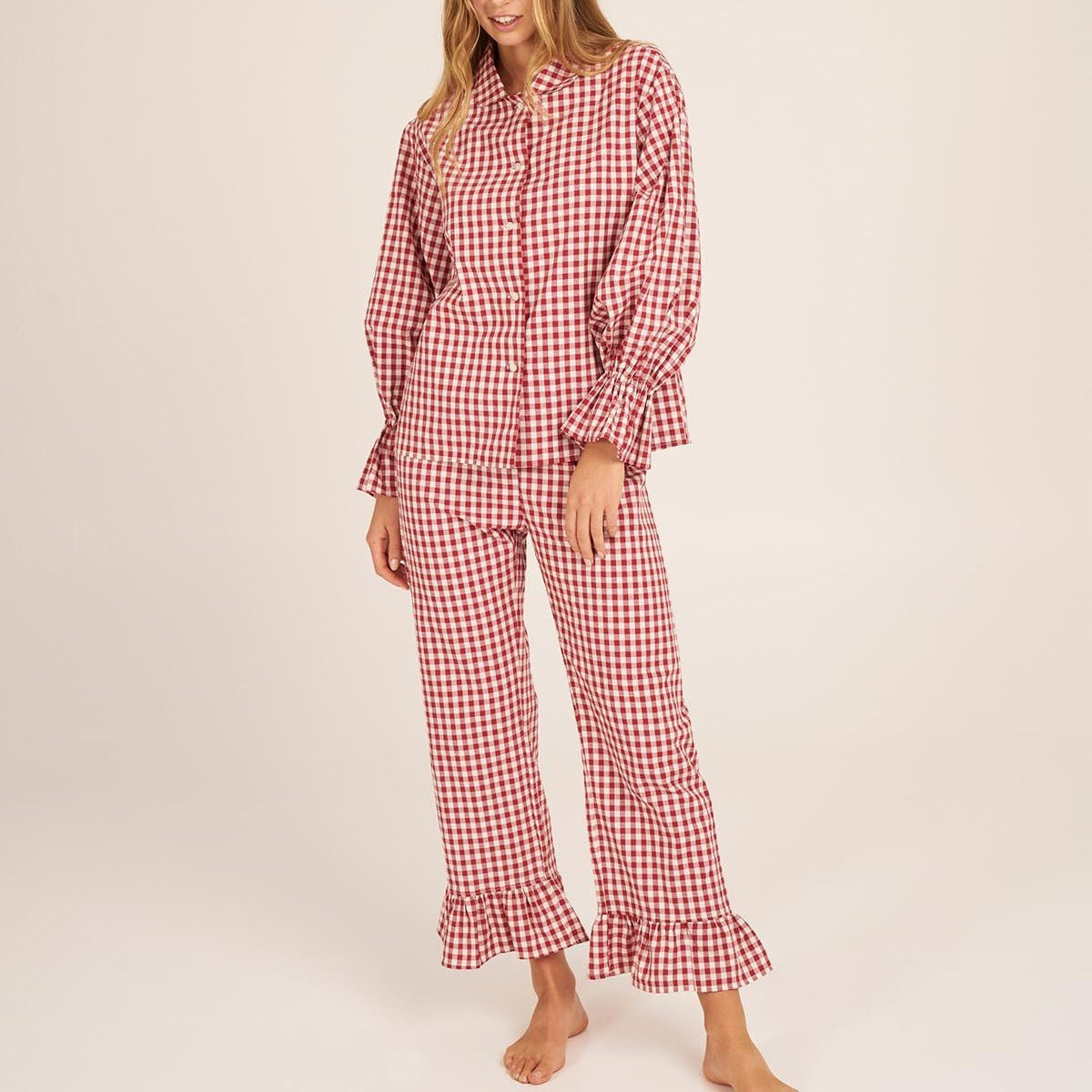 Kongvia Women’s Gingham Pajama Set Long Sleeve Ruffle Sleepwear