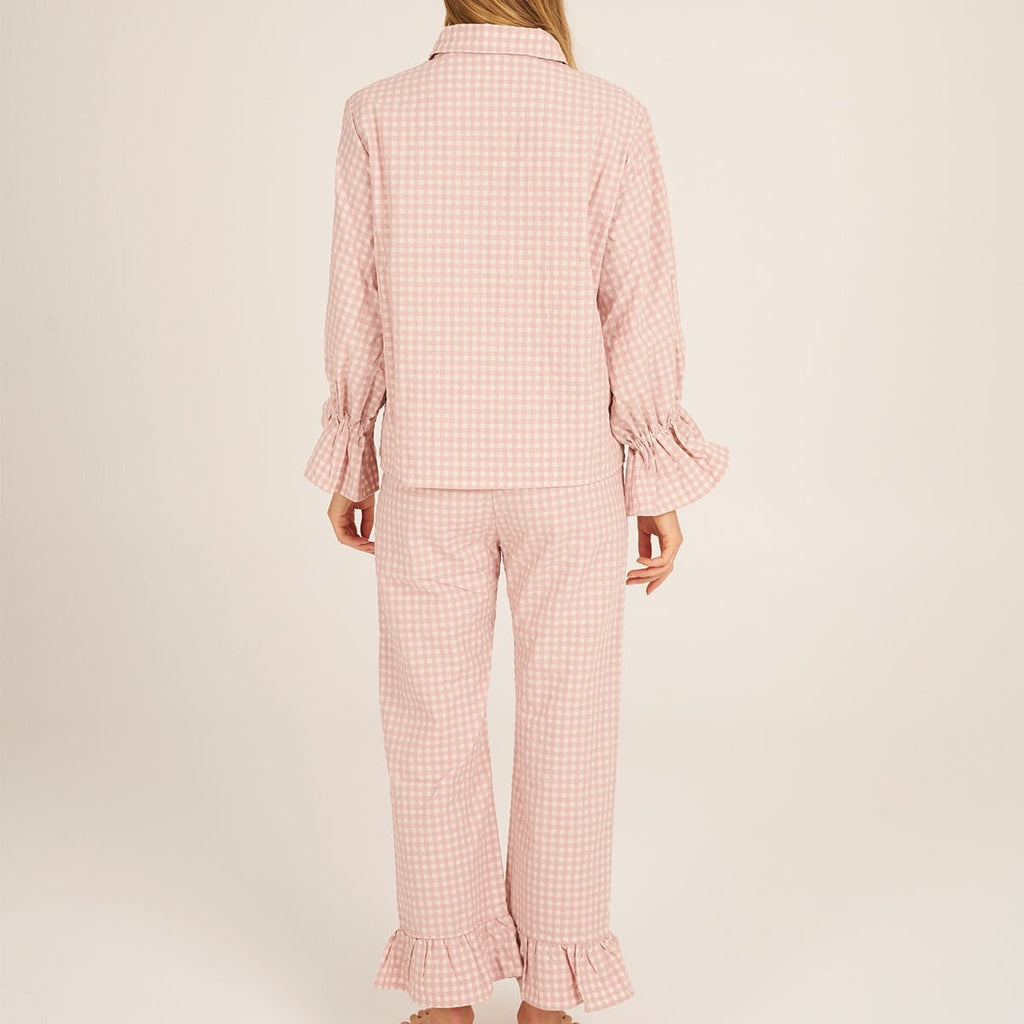 Kongvia Women’s Gingham Pajama Set Long Sleeve Ruffle Sleepwear