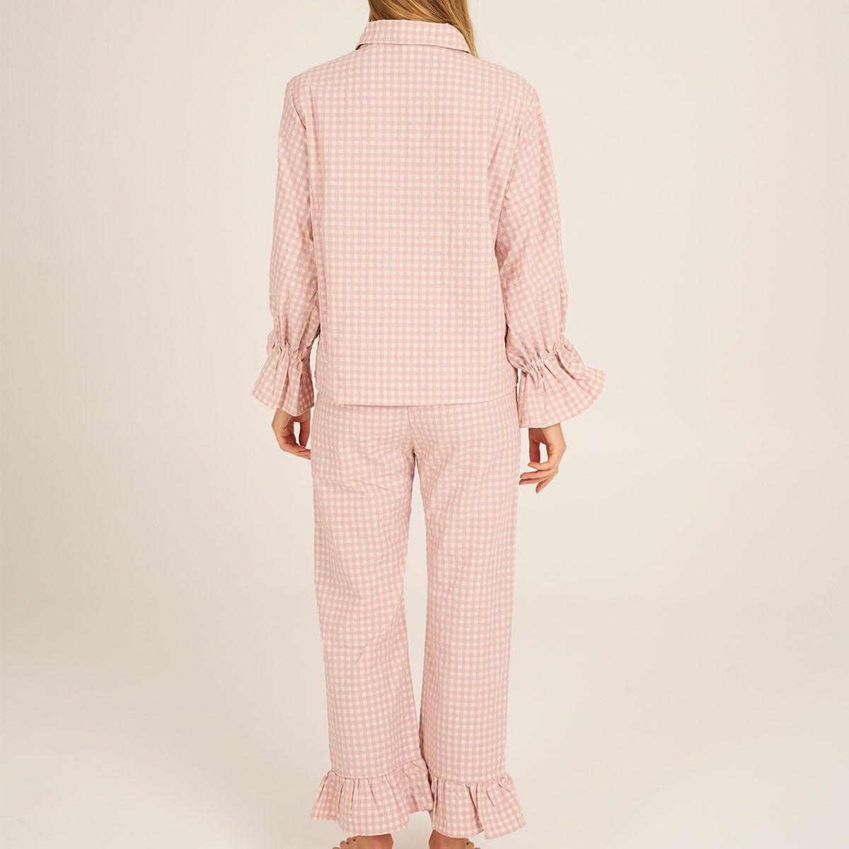 Kongvia Women’s Gingham Pajama Set Long Sleeve Ruffle Sleepwear