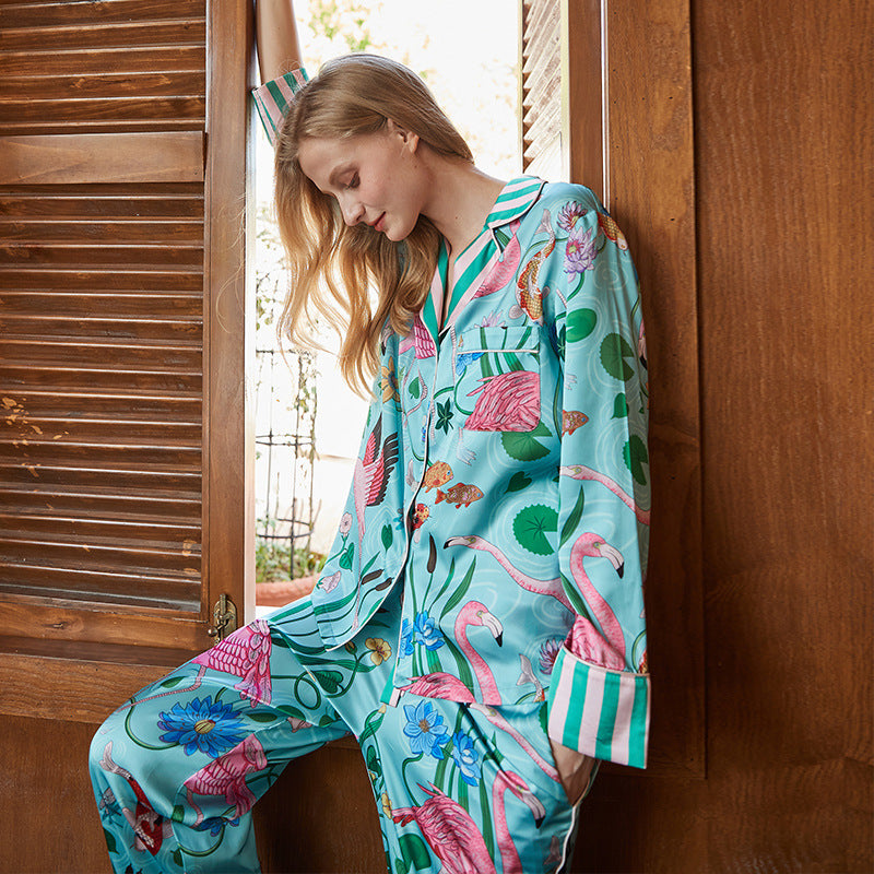 Kongvia Women’s Ice Silk Pajama Set Floral Print Long Sleeve Sleepwear Green