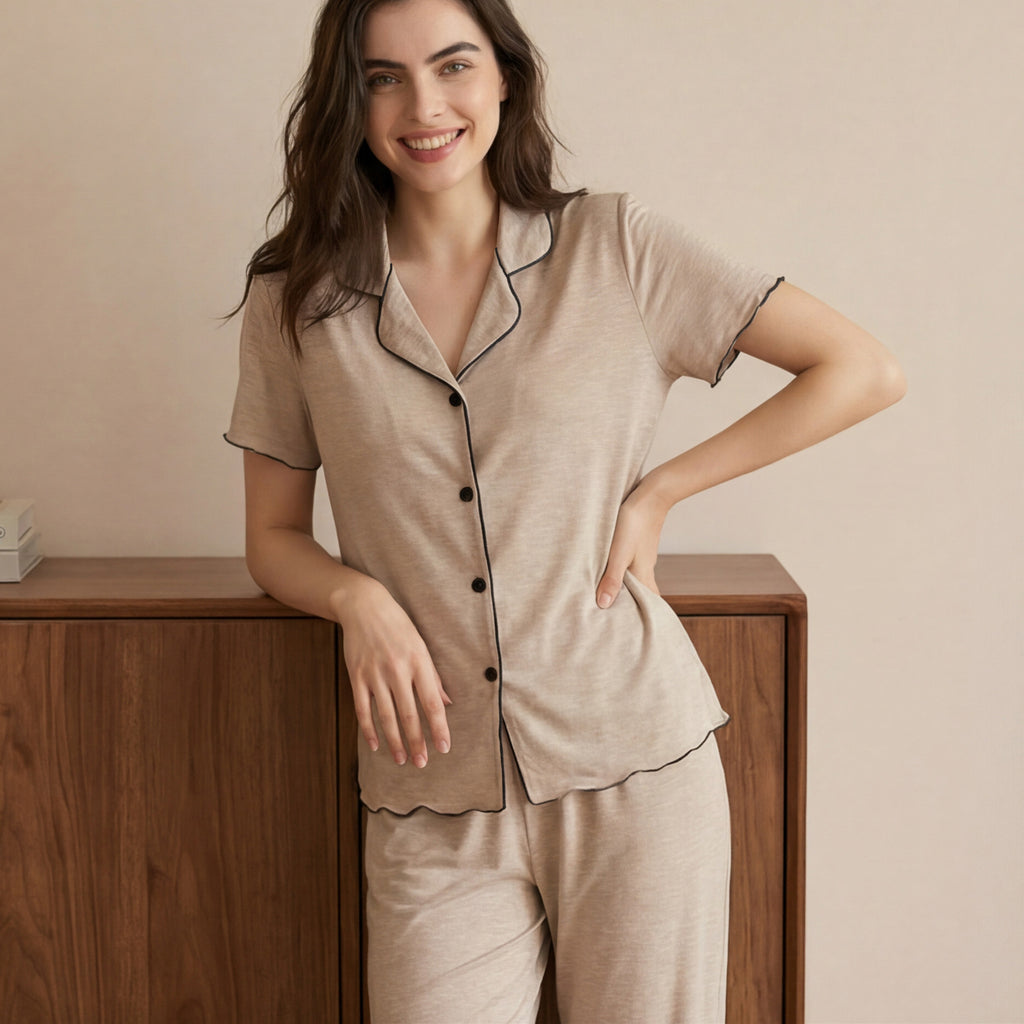 Kongvia Women’s Rayon Pajama Set Short Sleeve Button Up Lounge Wear Brown