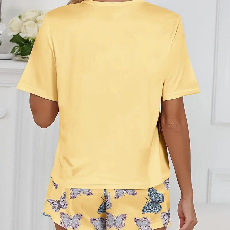 Kongvia Women’s Butterfly Print Pajama Set Short Sleeve Lounge Wear