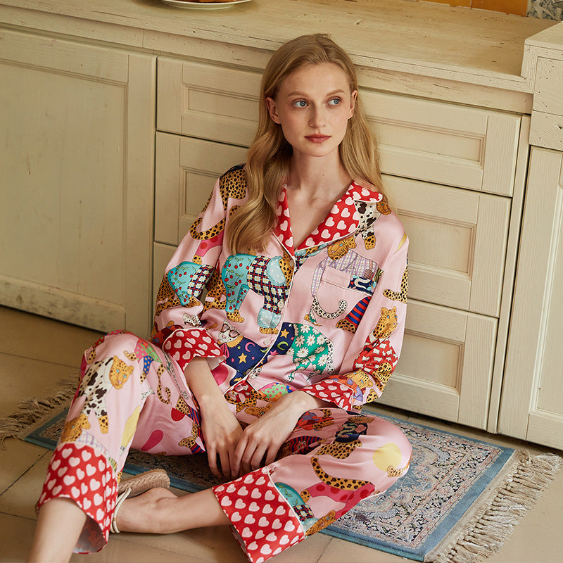 Kongvia Women’s Ice Silk Pajama Set Long Sleeve Printed Sleepwear Pink