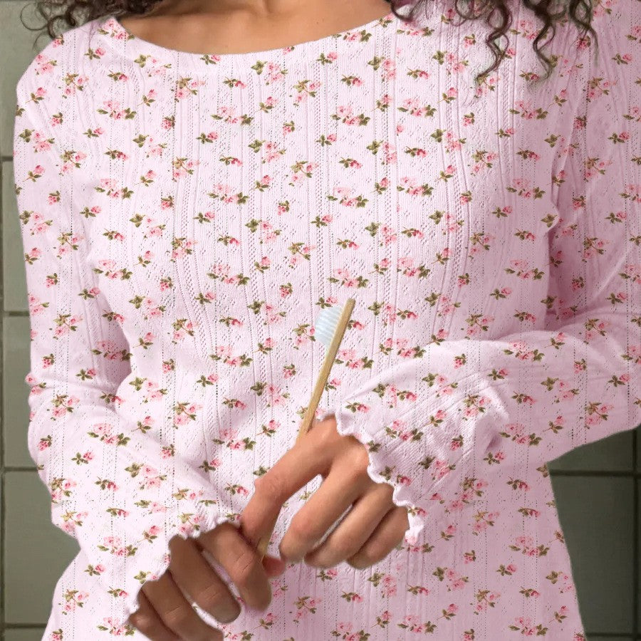 Kongvia Women’s Cotton Blend Pajama Set Floral Long Sleeve Sleepwear
