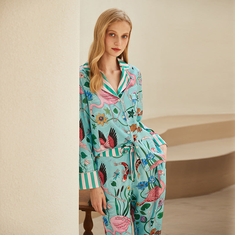 Kongvia Women’s Ice Silk Pajama Set Floral Print Long Sleeve Sleepwear Green
