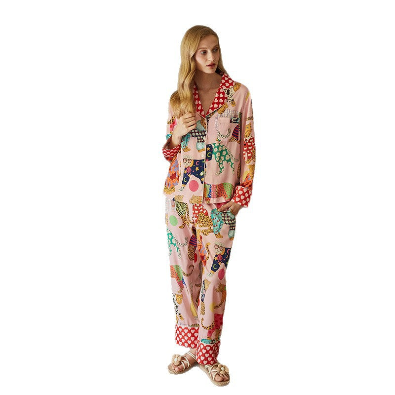 Kongvia Women’s Ice Silk Pajama Set Long Sleeve Printed Sleepwear Pink