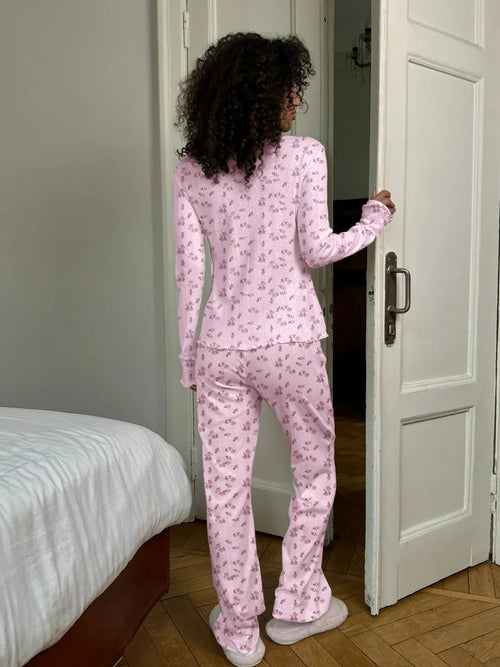 Kongvia Women’s Cotton Blend Pajama Set Floral Long Sleeve Sleepwear