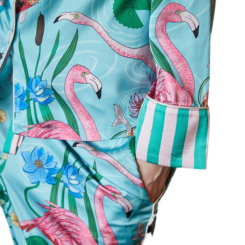 Kongvia Women’s Ice Silk Pajama Set Floral Print Long Sleeve Sleepwear Green
