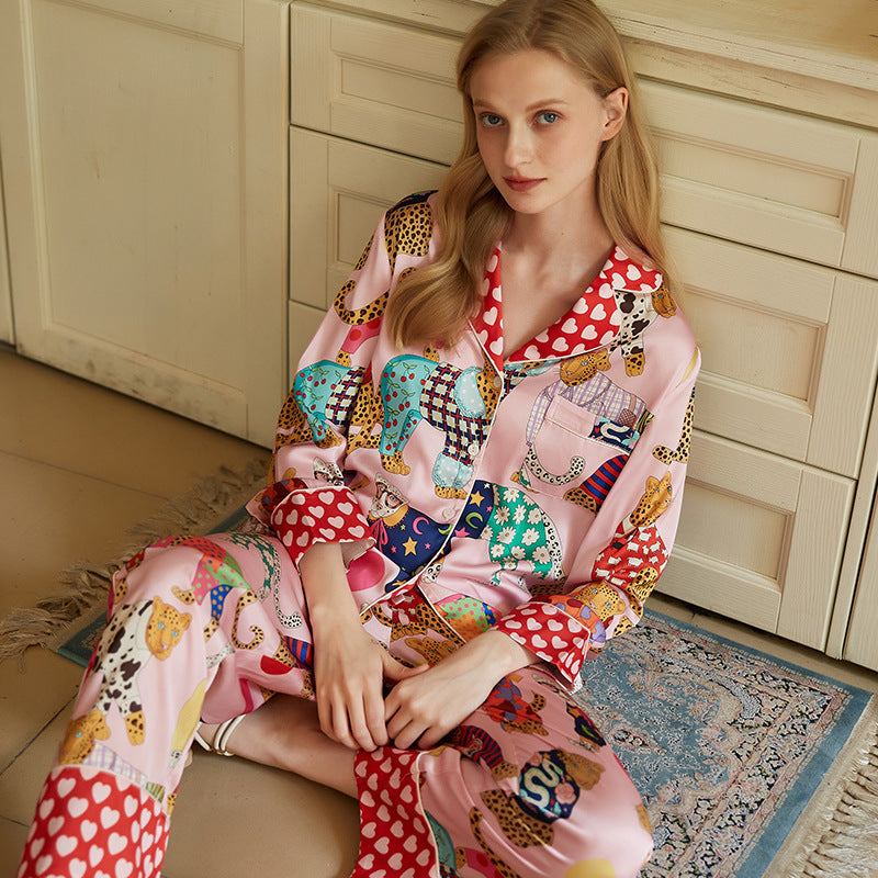 Kongvia Women’s Ice Silk Pajama Set Long Sleeve Printed Sleepwear Pink