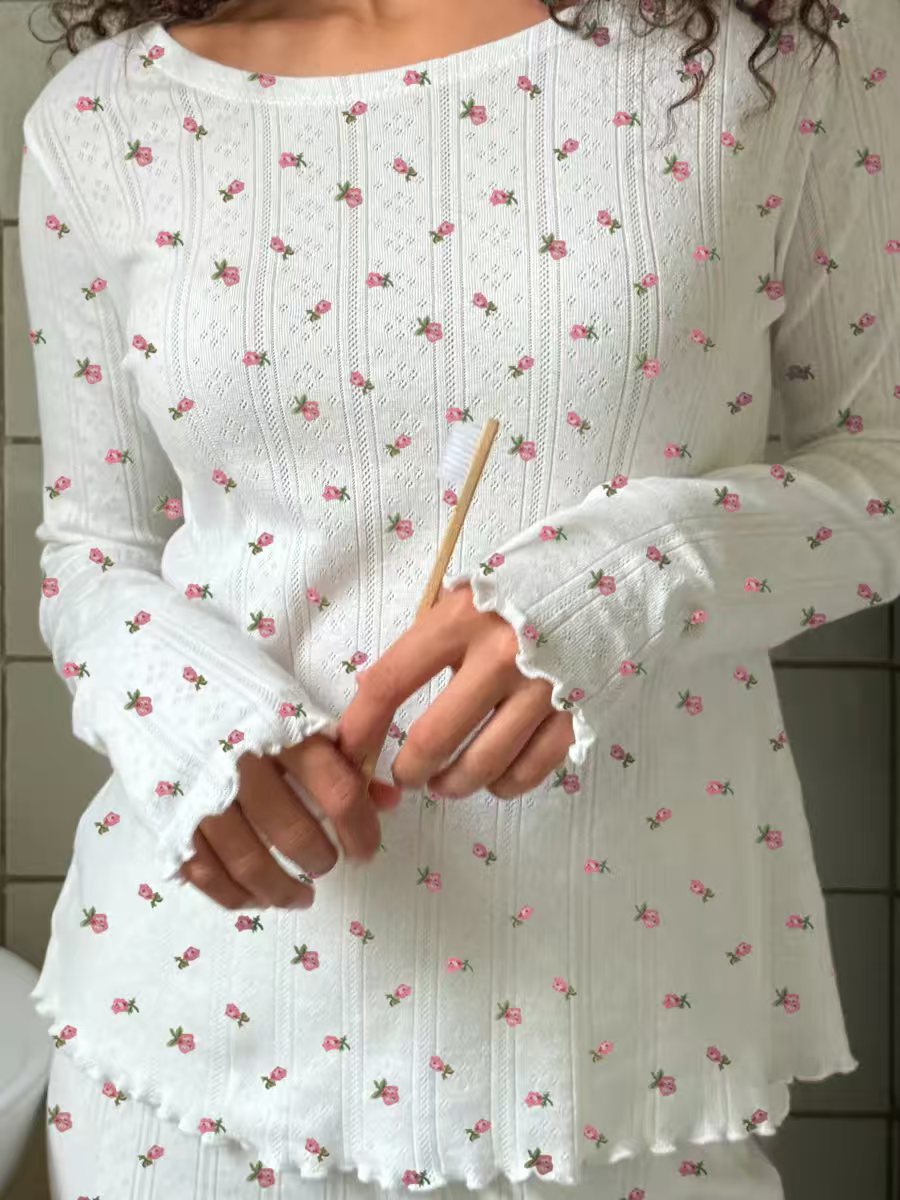 Kongvia Women’s Cotton Blend Pajama Set Floral Long Sleeve Sleepwear