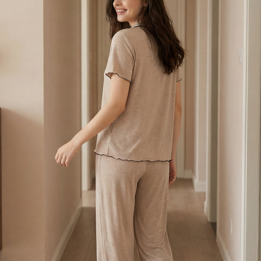 Kongvia Women’s Rayon Pajama Set Short Sleeve Button Up Lounge Wear Brown