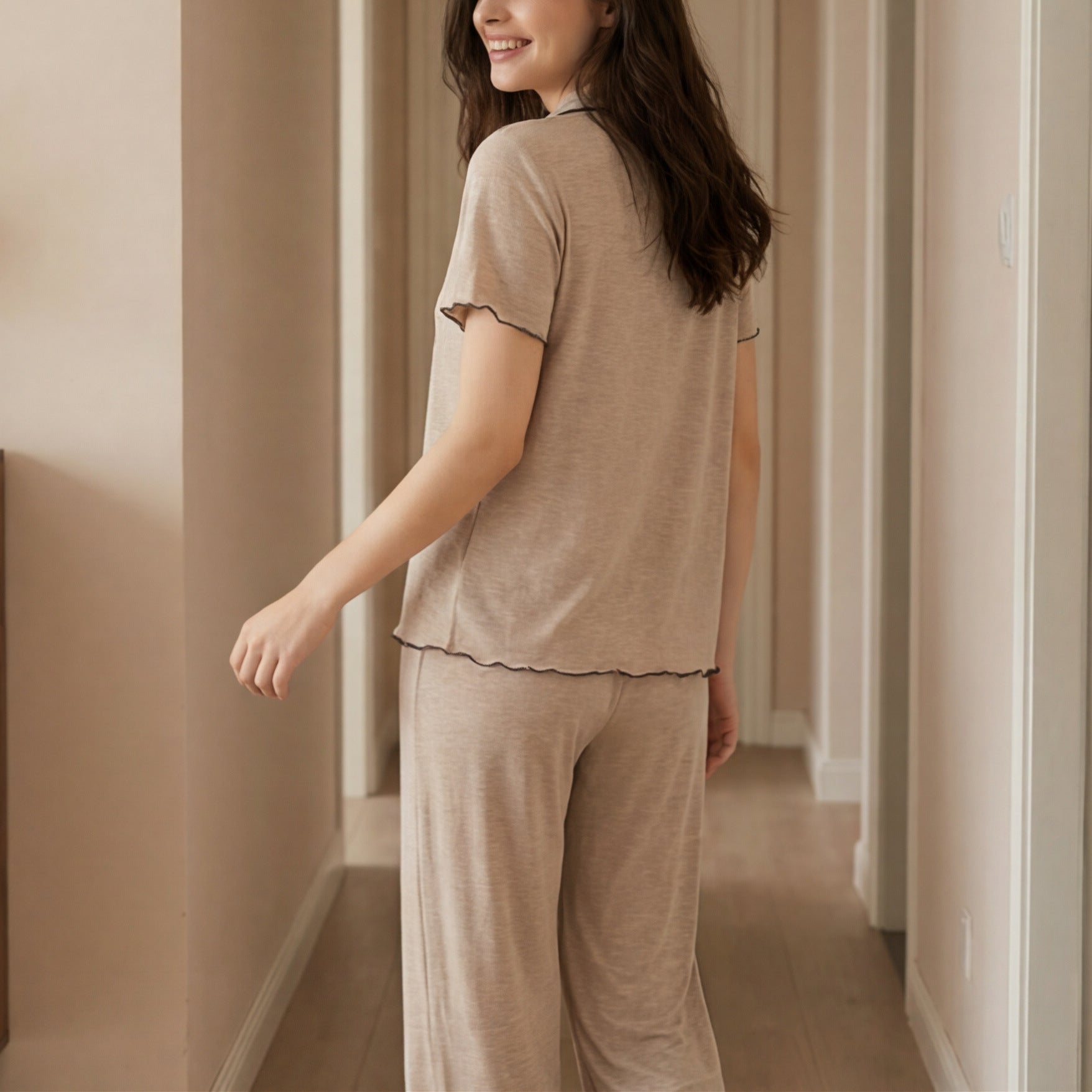 Kongvia Women’s Rayon Pajama Set Short Sleeve Button Up Lounge Wear Brown